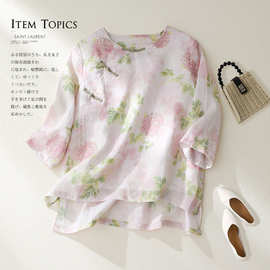 2025夏文艺复古女装苎麻粉牡丹印花双层上衣圆领盘扣七分袖衬衫