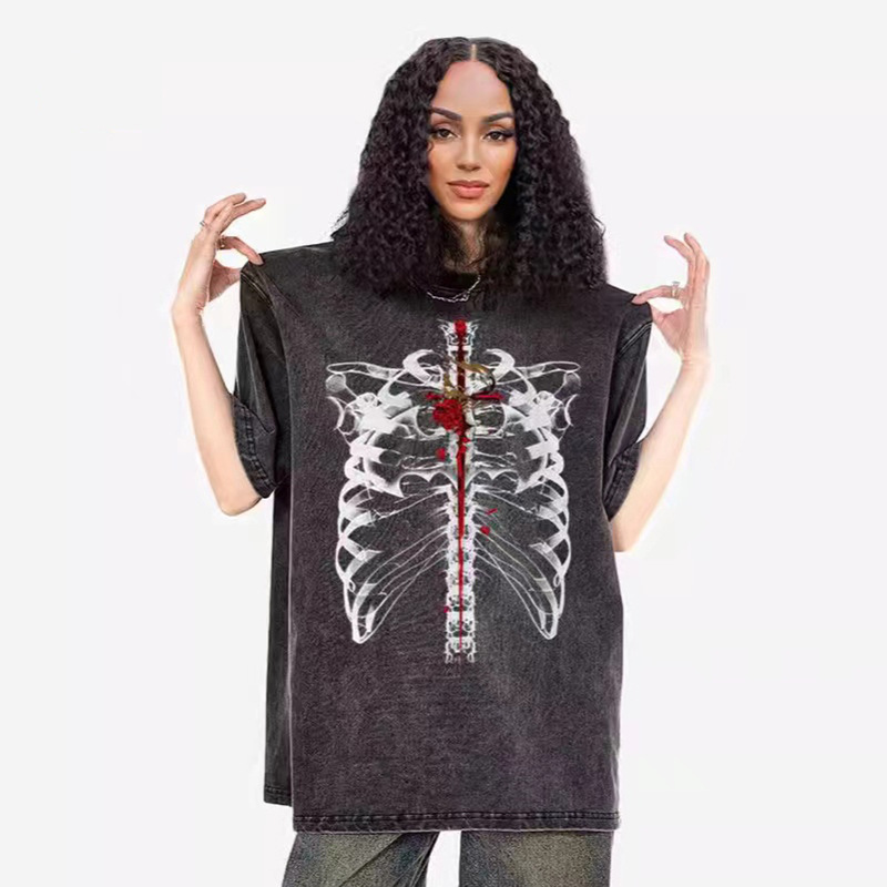 Comercio exterior impresión transfronteriza camiseta de manga corta hombre verano retro relajado pareja hip hop vientos casuales blusa