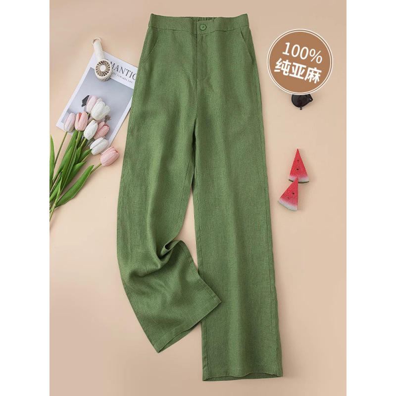 2025 신상 린넨 루즈 와이드 레그 여성 바지 코튼 린넨 드레이프 하이 웨이스트 9부 슬리밍 캐주얼 스트레이트 바지