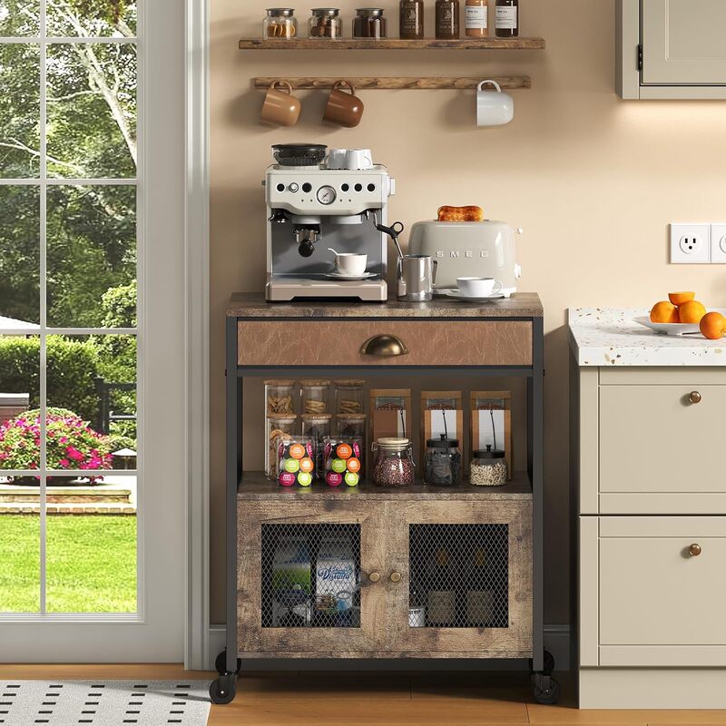 Cross-Border Three-Tier Kitchen Coffee Cart with Drawers and Wheels, Mobile Country-Style Kitchen Workstation Coffee Bar Cabinet
