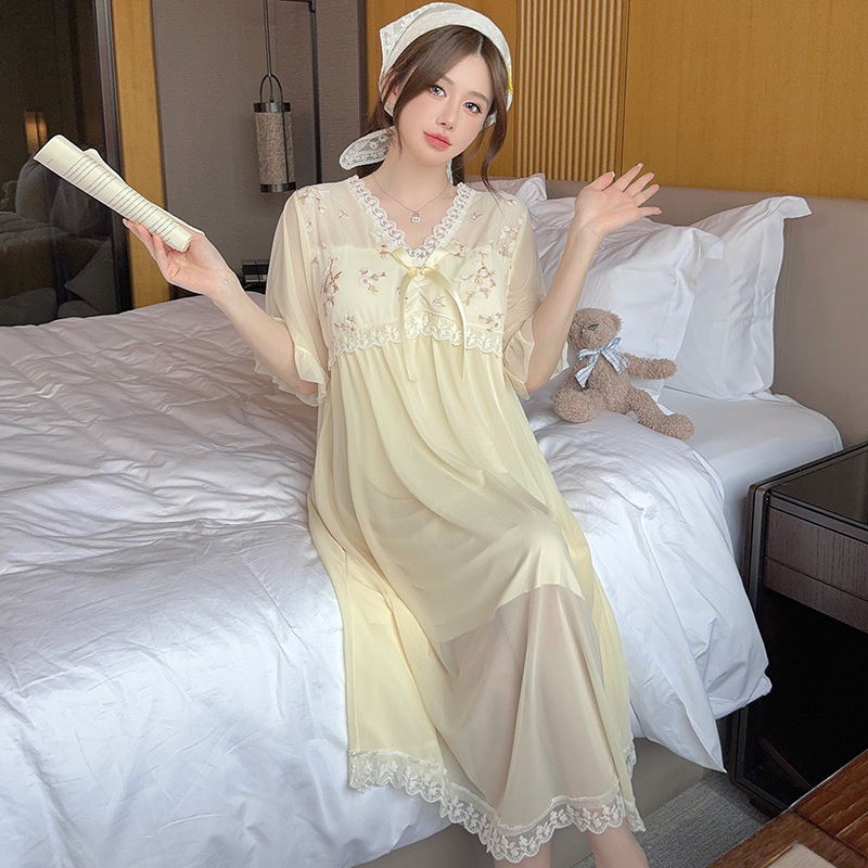 메시 나이트 드레스 가슴 패드 공주 스타일 파자마 여성 여름 새로운 모방 코튼 V 넥 짧은 소매 달콤한 여성 홈 옷