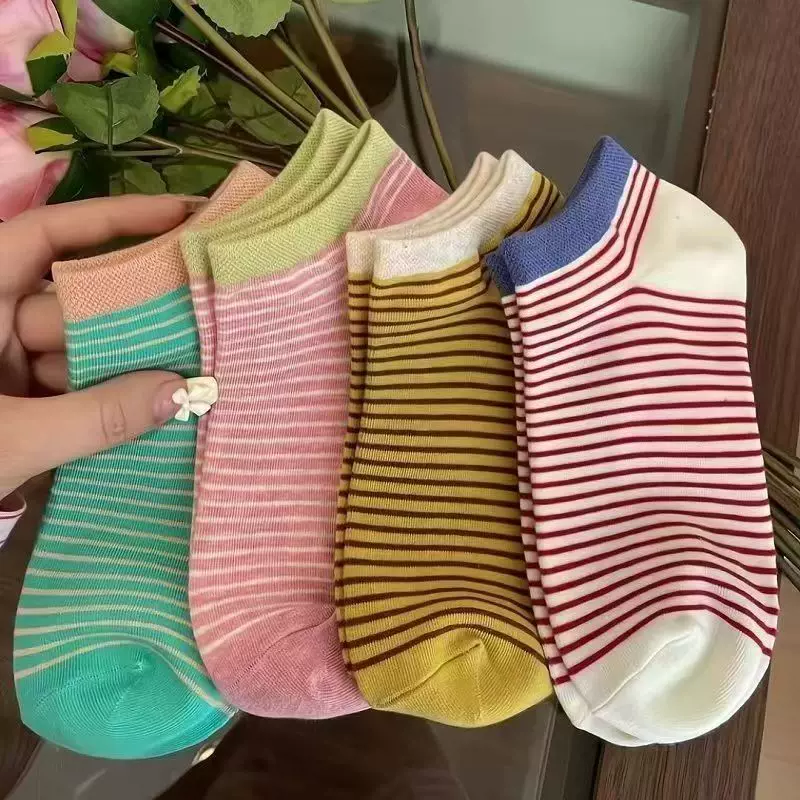 袜子女春夏季薄款短袜吸汗防臭2025新款条纹防滑不掉跟多巴胺船袜