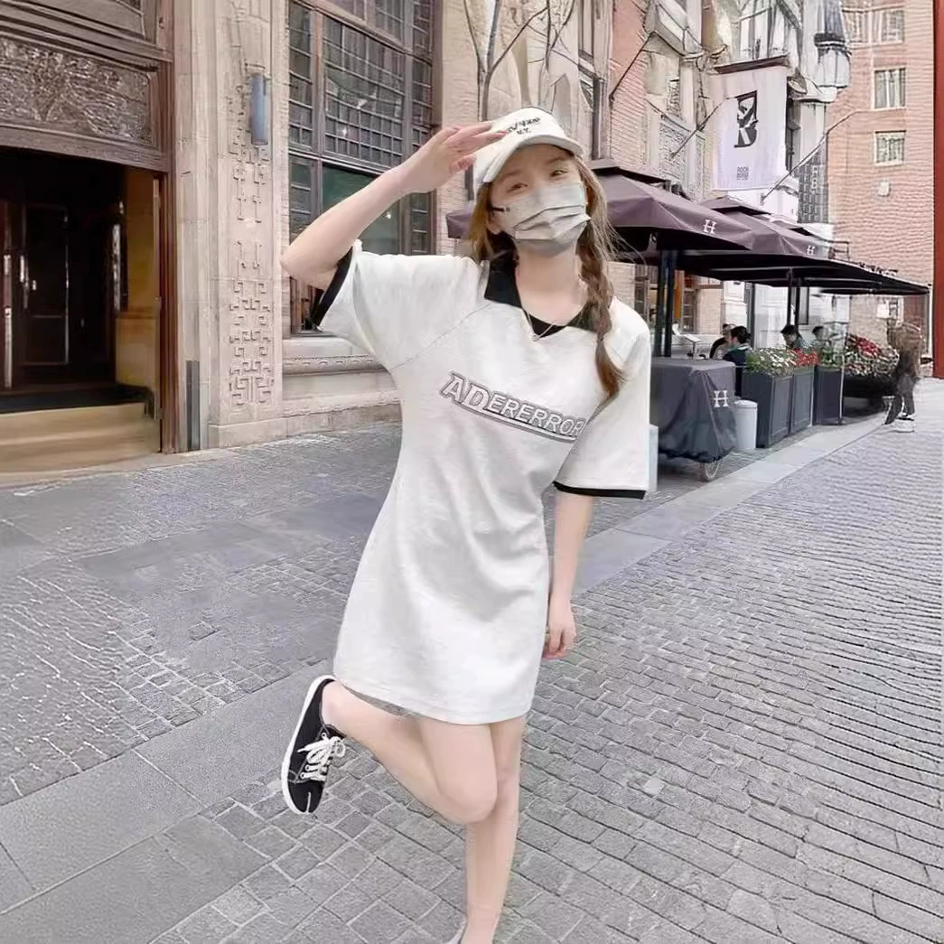 Летняя мода ADER, футболка средней длины, женская футболка-поло с лацканами, лето 2024, топ с короткими рукавами и принтом, облегающий цельный крой