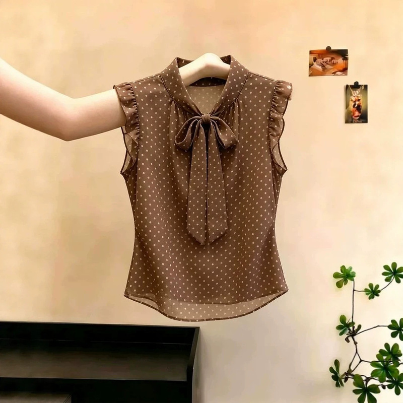 High-End Retro Polka-Dot Bow-Tie Shirt for Women, New Summer Style, French Style, Slimming, Versatile Top, Trendy High-End Retro Polka-Dot Bow-Tie Shirt for Women, New Summer Style, French Style, Slimming, Versatile Top, Trendy