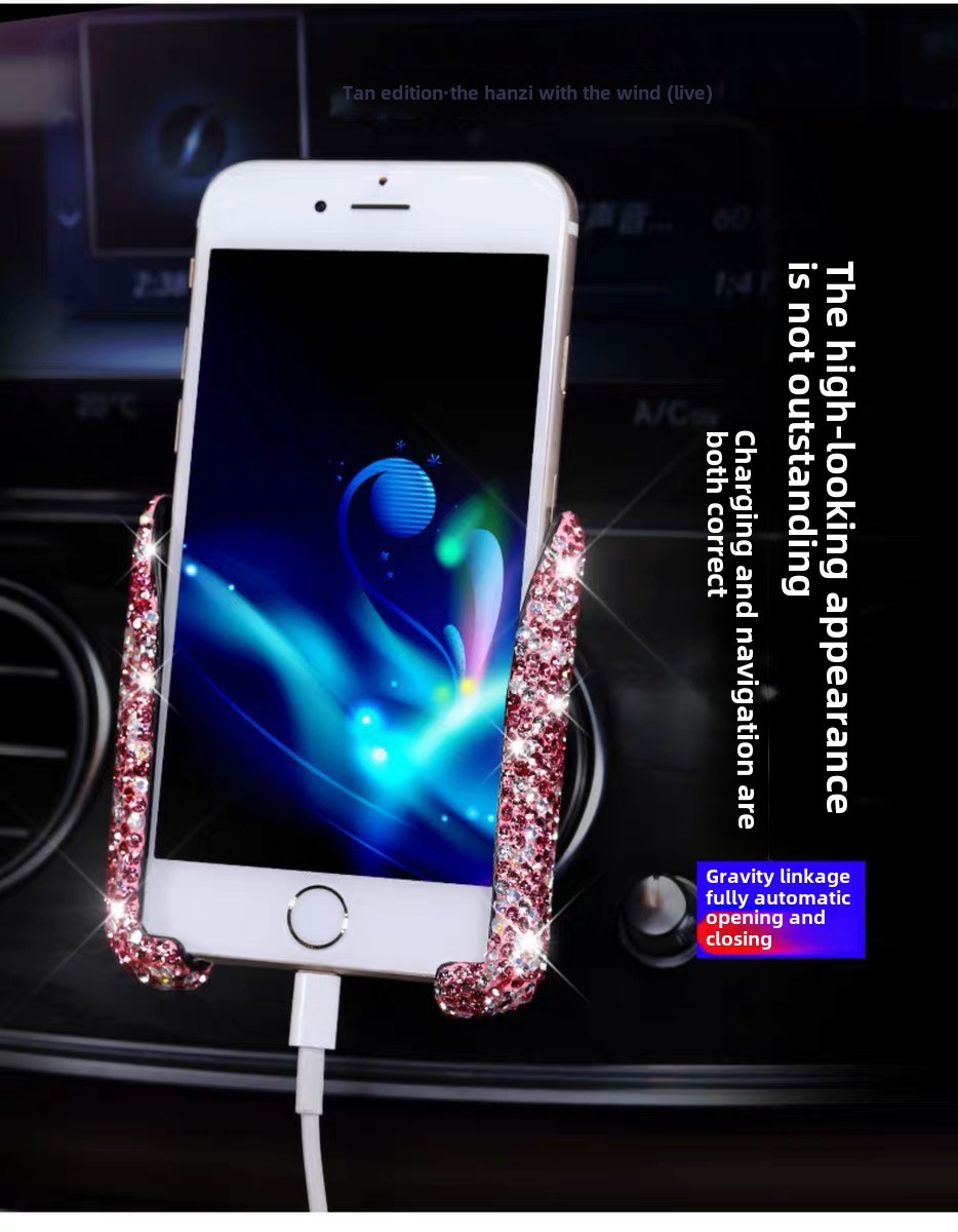 Grenzüberschreitende Auto-Handyhalterung mit Diamant-Einbettung, Navigationsrahmen, Luftauslasssitz mit doppeltem Verwendungszweck, Schwerkraft-Handyhalterung, weibliche Halterung_voghion.com