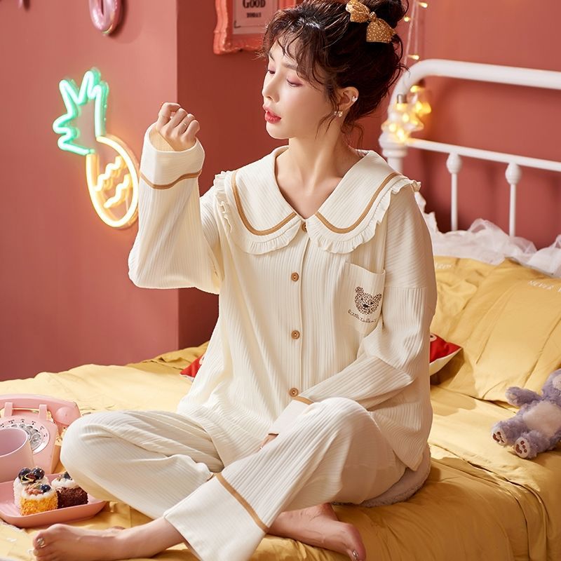 Pijamas para mujeres Primavera y otoño nuevo traje % algodón solapa de manga larga ropa al aire libre para estudiantes Otoño e Invierno ropa para el hogar