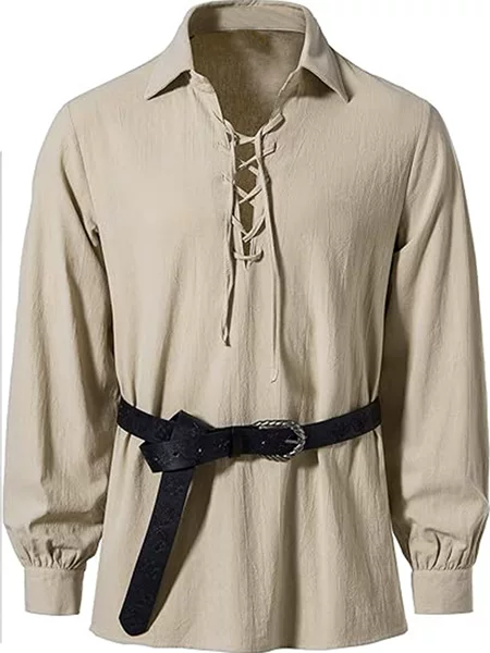2025 Spring and Summer New Amazon European Size Men's Fashion Trendy Lace-up Lapel Long-sleeved Hippie Casual Shirt for Men
