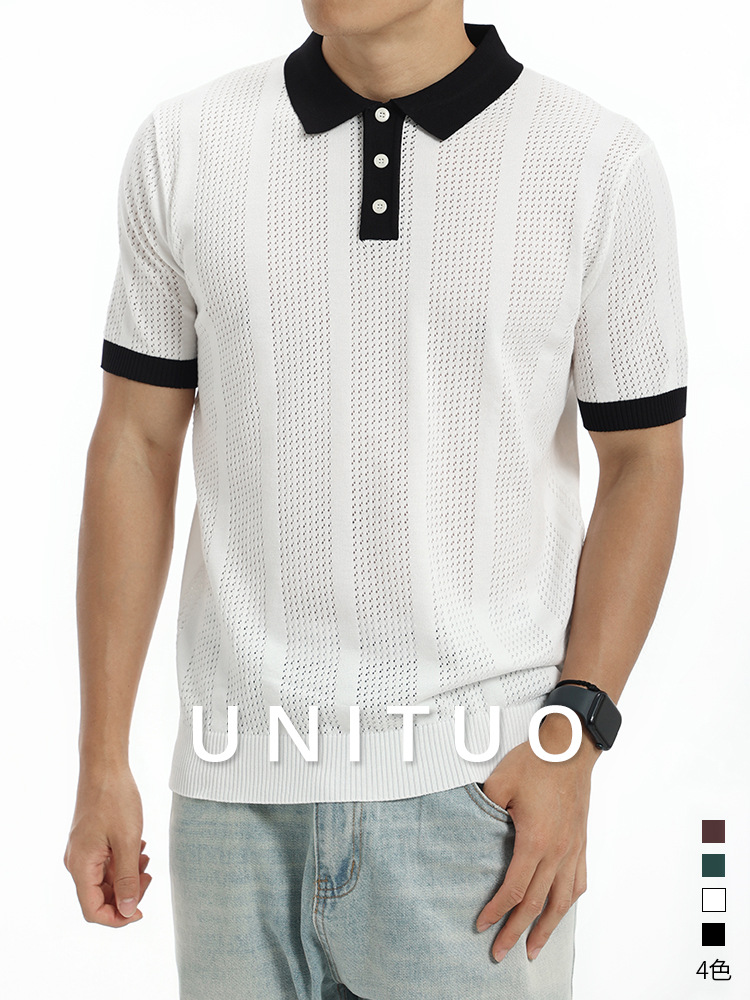 2026 nueva camisa de polo de hielo de punto para hombres con solapa de manga corta de color hueco transpirable casual blusa versátil