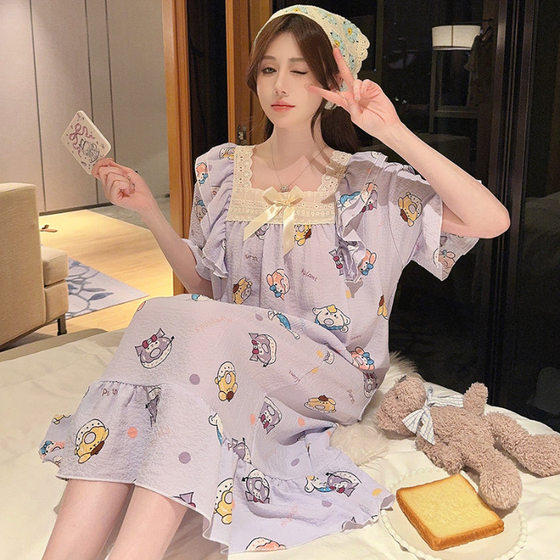 Cross-border Pajamas Women's Summer New Korean-style Princess Style Foam Short-sleeved Nightgown Loose Fat plus size Home Clothes