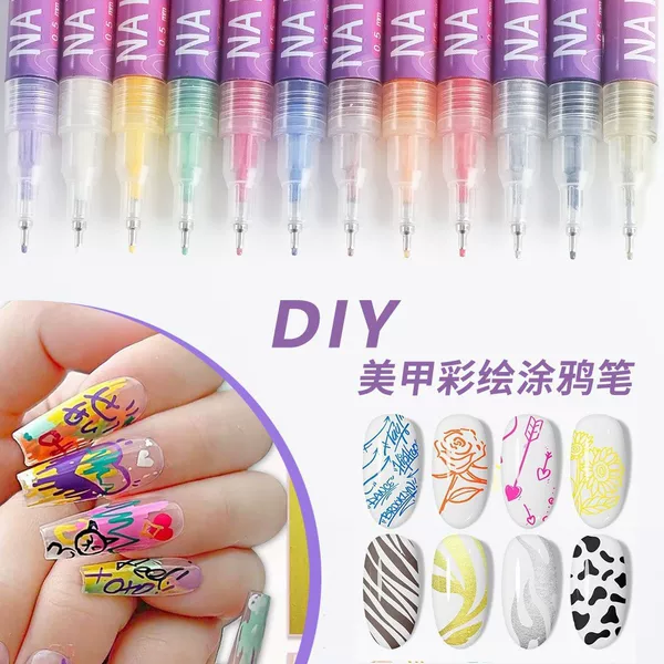12-Color Set of Nail Art Graffiti Pens, Hand-Painted Line Drawing Pens, DIY Wearable Nail Painting Pens, Acrylic Paint 0.5 Needle Tip Pens