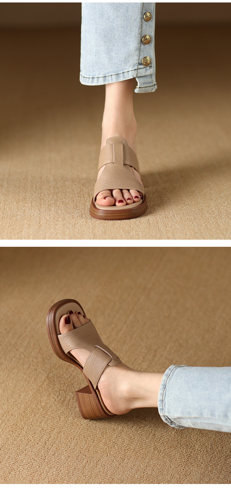 Dép sandal nữ đế dày gót vuông mũi hở 4.5 cm kiểu La Mã — đen chi tiết 8