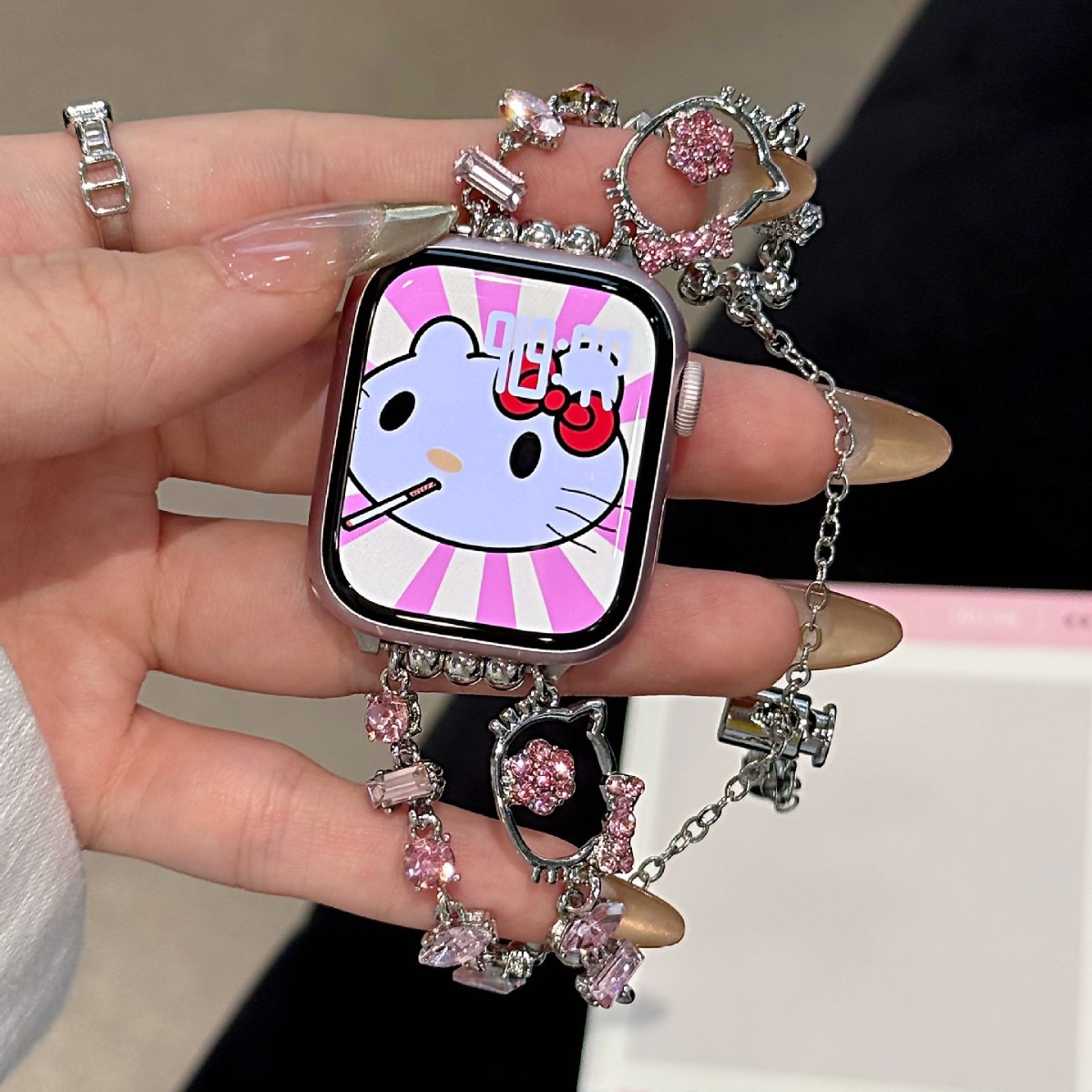 Suitable for Apple watchs10 Apple Watch iwatch9876se Strap KT Cat Hua Zi Diamond Watch Chain Women