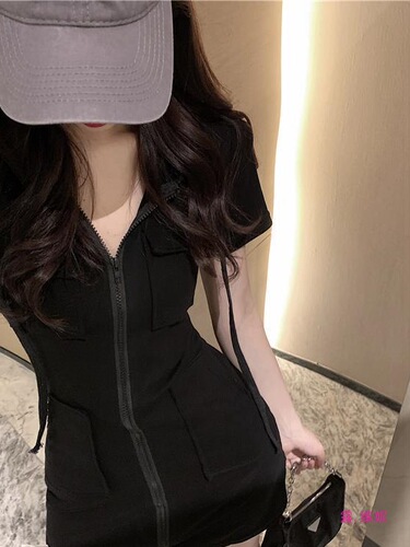 [6535 fish scale fabric] slim slimming, hooded, zipper, sweet or salty, short-sleeved dress, women's casual dress