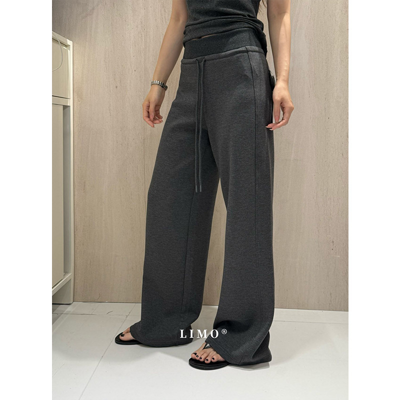 Limo Spring and Summer Thin Drawstring Tie Wide-Leg Straight Slimming Ribbed Waistband Airy Casual Pants Limo Spring and Summer Thin Drawstring Tie Wide-Leg Straight Slimming Ribbed Waistband Airy Casual Pants