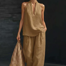 2026新款欧美风无袖宽松挂肩套装女夏季休闲阔腿裤两件套时尚潮款