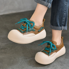 大圓頭真皮休閒鞋女2024春夏新款松糕厚底低幫百搭設計感運動單鞋