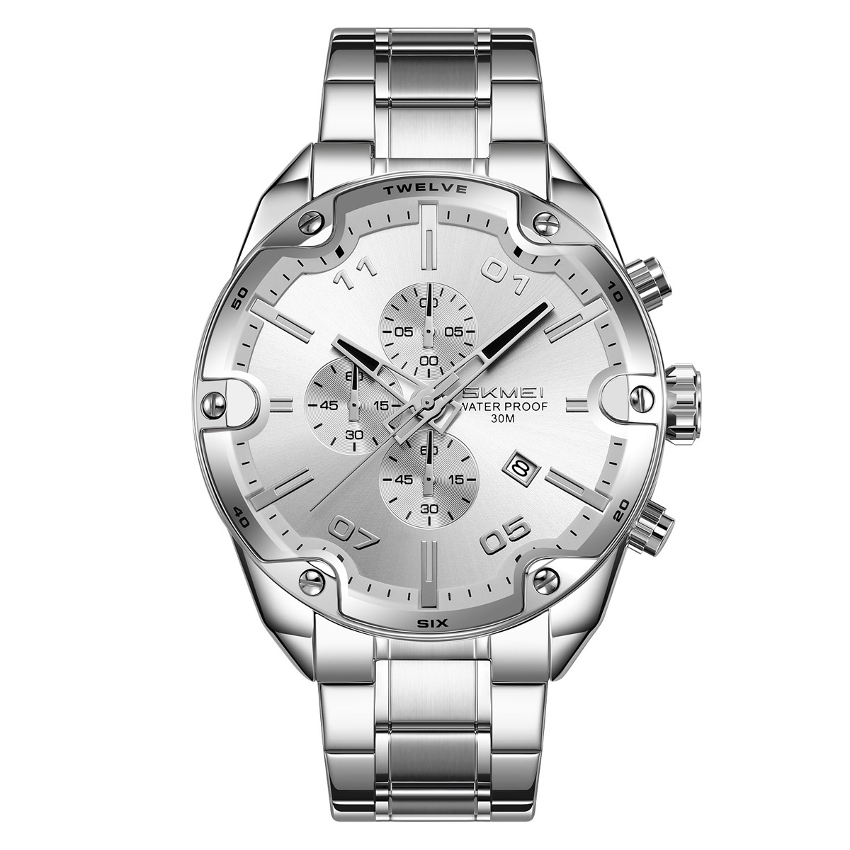 Momento de belleza reloj de hombre tres ojos multifuncional impermeable reloj de hombre correa de acero relojes de pulsera personalizados transfronterizos fábrica al por mayor