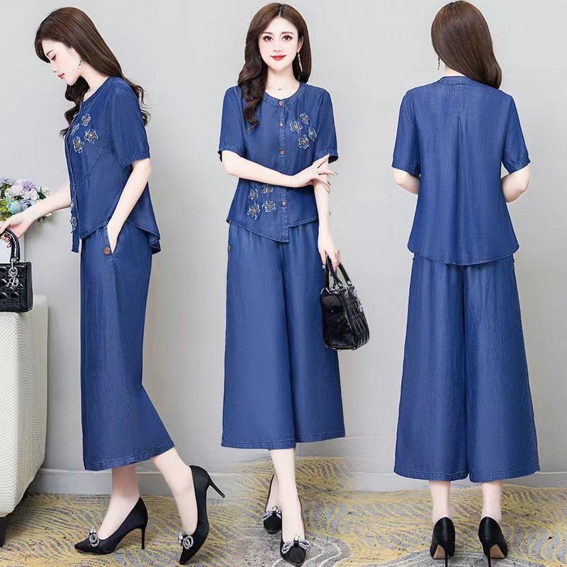 Denim Casual Suit for Women Summer 2025 New Korean Style Loose Retro T-Shirt Mom Wear Wide Leg Pants Two-Piece Set?