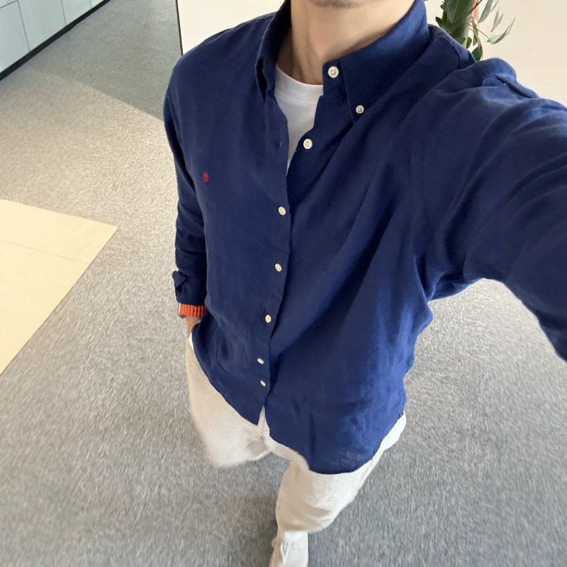 Rl Ralph Lauren Spring and Autumn Long-Sleeve Shirt for Men, Sun-Protective Polo Shirt for Women, Linen Embroidered Couple's Top