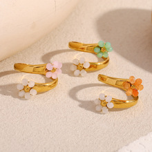 欧美跨境简约百搭设计感气质手饰品不锈钢镀18K金手工小花开口戒