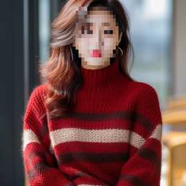 欧货买手店剪标尾货捡漏新年红色高领条纹毛衣女冬季针织上衣