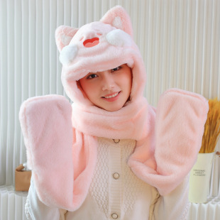Cute Cartoon Doodle Cat Scarf Girls Scarf Winter Thickened Windproof Warm Hat Scarf Gloves Three-in-One