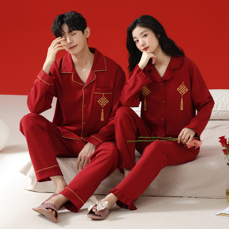 (2개) 커플 파자마 레드 긴팔 정장 순면 여성 봄 가을 남성 신혼 가을 겨울 조디악 연도 홈 의류