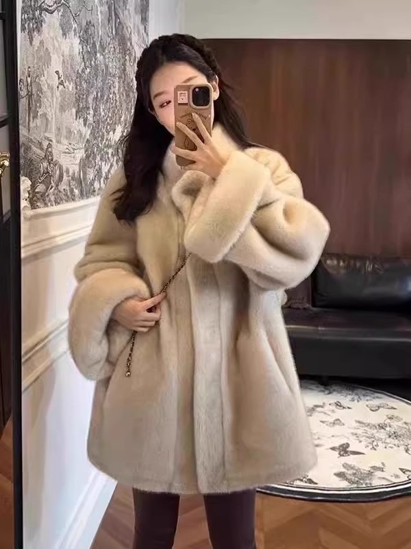 韓国版の中古環境保護ミンクの毛の中の長いタイプの立襟のゆったりしている毛皮の女性の毛のコートの高級感の毛皮の一体冬|undefined