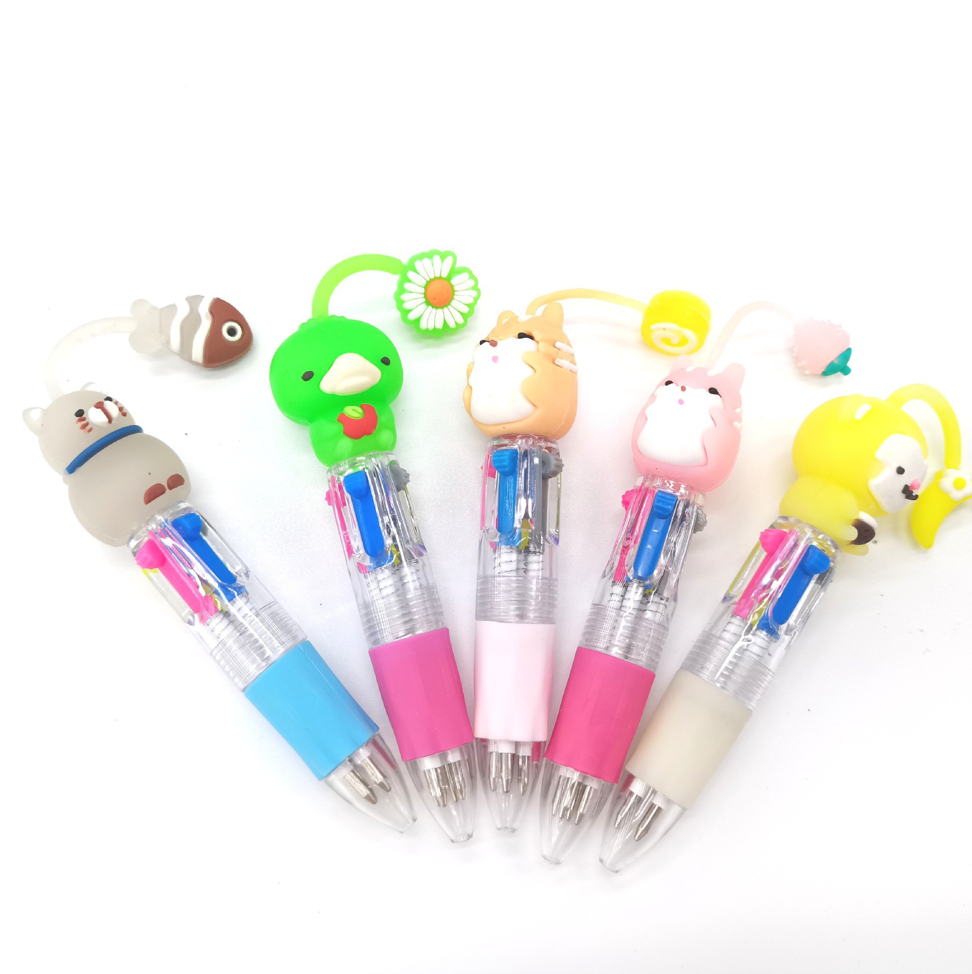 Fabricante mayorista de cuatro colores bolígrafo de silicona bolígrafo multicolor de dibujos animados cabeza portátil de estudiantes