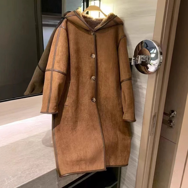 Real Wool Full Wool Fur Old Money Wind Winter Hooded Long Double-sided Wear Retro Lamb Fur One-piece Coat for Women