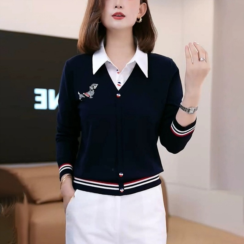 藏青色翻领长袖针织衫女2025早秋季新款小狗刺绣拼色开衫减龄上衣|undefined