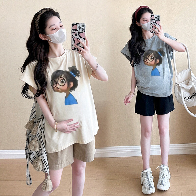 Actual Shot of Korean Style Petite Casual Sports Maternity Suit Short-Sleeved Shorts Casual Versatile Maternity Two-Piece Set