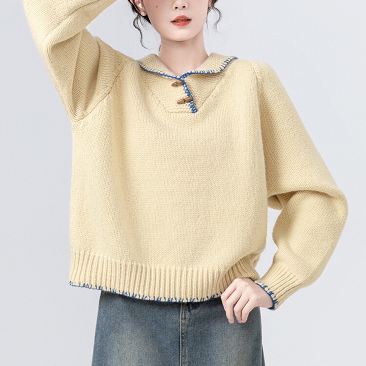 撞色翻领套头毛衣女2025秋冬新款宽松慵懒牛角扣针织衫上衣|undefined