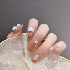 B330 Camellia Love: Trendy Online-Ready Handmade Wearable Nails with 3D Decorations—Stylish Mid-Length Nail Tips in Plaster Glue, Perfect for Instant Beauty Looks