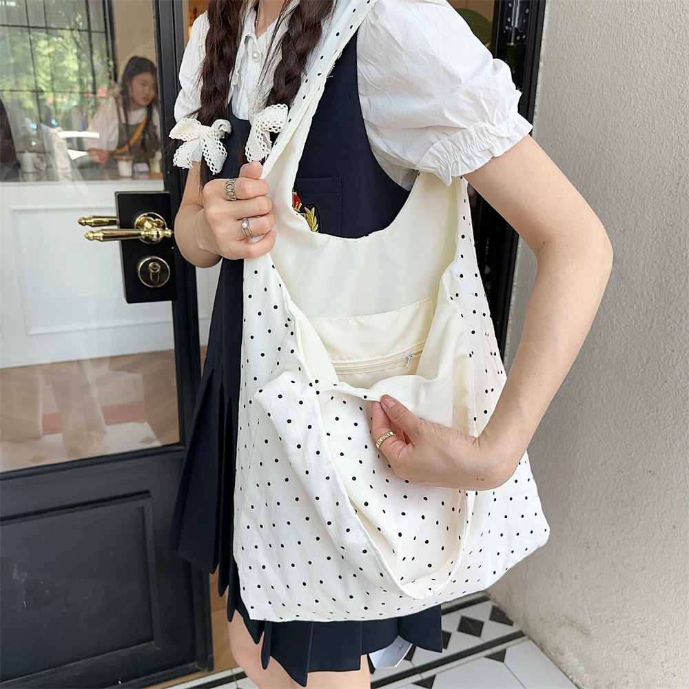 90g Weight Poplin Lining Material 19695304699 Fashion Element Open Closure Type Double Shoulder Straps Strap Type Tote Bag Bags Type Travel, Daily Occasion Canvas Material Round Dots Pattern All Seasons, Spring&Summer Season Women's Gender Streetwear Style Square Shape Medium Size 45262 New Polka Dot Canvas Bag Women's Large Capacity Bag College Students Class Canvas Bag Special-Interest Shoulder Bag 26