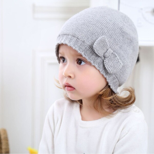 Children's demi-season keep warm knitted woolen knitted hat with bow
