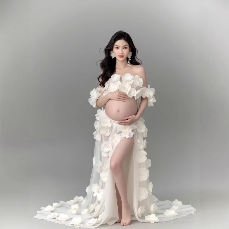 White Petal-Trailing Gown for Pregnant Women for Photo Shoots, Studio Maternity Photos, Strapless Flowing Long Dress for Photo Shoots