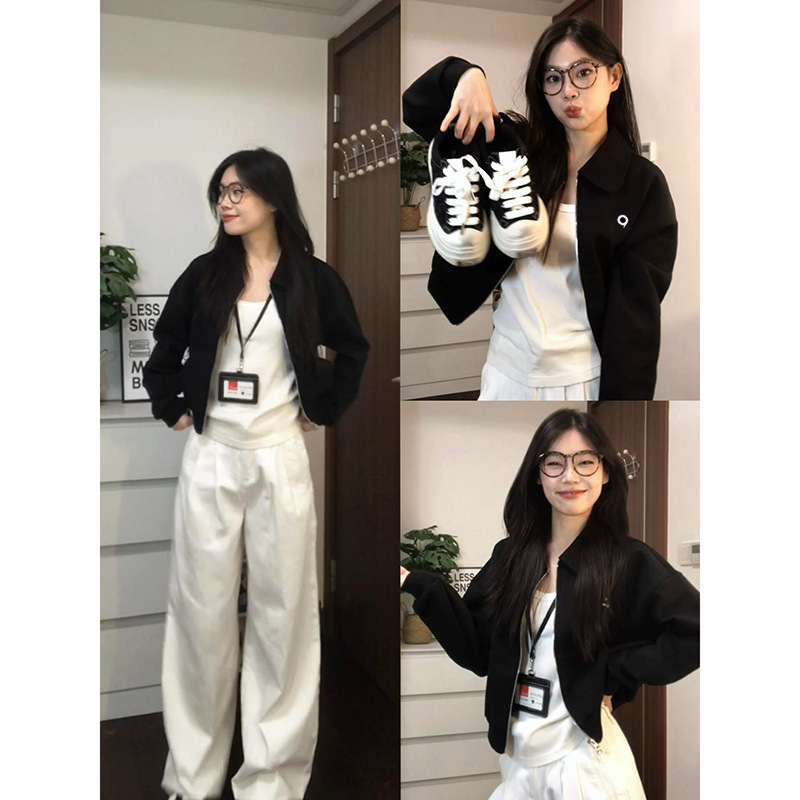 黑色早秋外套韩系氛围感穿搭女2025新款卫衣美式短上衣小个子开衫|undefined