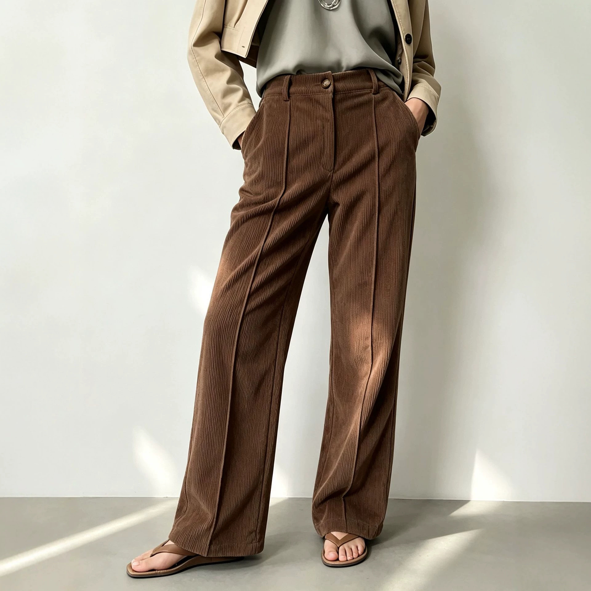 Women's clothing source factory: European and American style, cross-border, autumn/winter corduroy casual, versatile, mid-waist, straight-leg, wide-leg pants