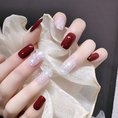 B305紅薇星墜中長顯手白穿戴甲細閃亮片美甲成品假指甲貼片光療甲