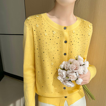 重工绣花精纺羊毛开衫女圆领烫钻针织衫长袖毛衣外套宽松外搭上衣