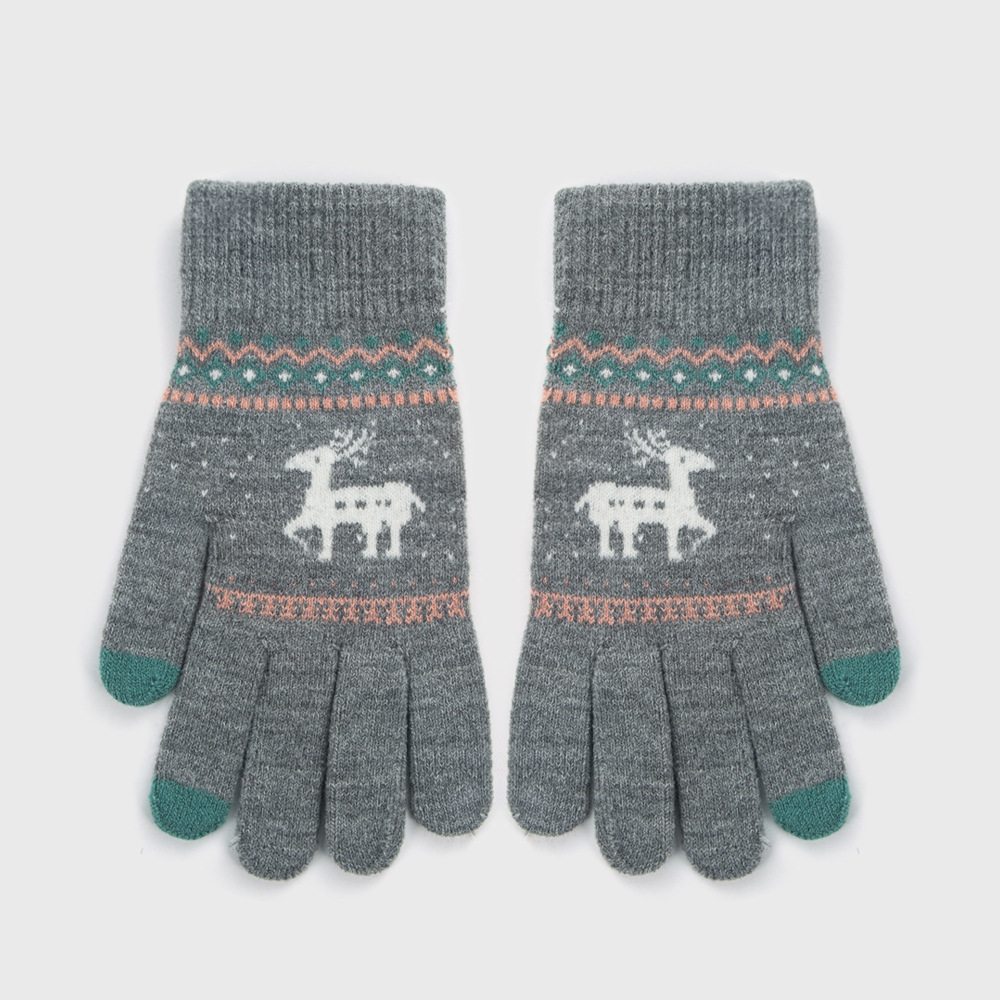 Autumn And Winter Warm Wool Velvet Gloves Cute Knit Gloves Deer Jacquard Touch Screen Riding Gloves display picture 4