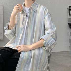 冰丝条纹衬衫男长袖夏季薄款休闲防晒衬衣潮牌痞帅宽松七分袖外套