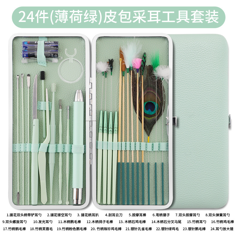 Fábrica en stock oreja recoger limpieza del oído cera limpieza pluma de ganso palo oreja recogiendo el color del pelo caja de madera oreja recogiendo herramienta traje