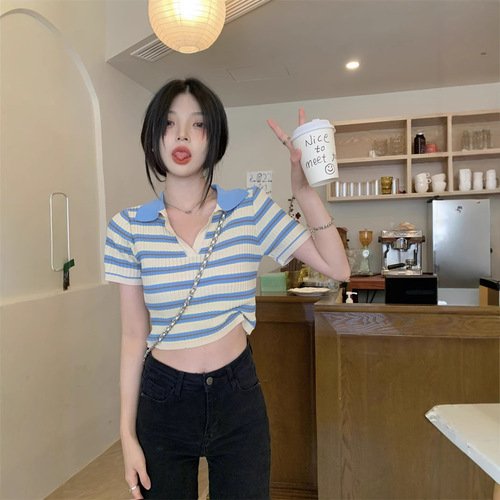 Retro polo neck striped short-sleeved sweater women's summer new style ins slim slimming and chic T-shirt top