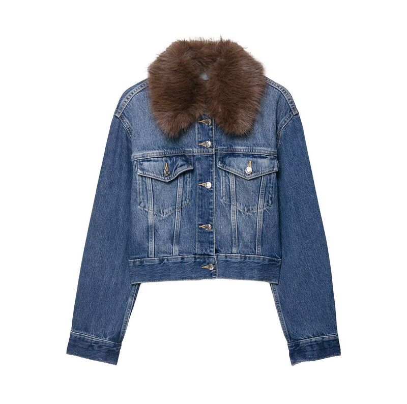 Za Aliexpress Hot-Selling Cross-Border Foreign Trade European and American Women's Short Flip-Flop Denim Jacket with Faux Fur Effect Za Aliexpress Hot-Selling Cross-Border Foreign Trade European and American Women's Short Flip-Flop Denim Jacket with Faux Fur Effect