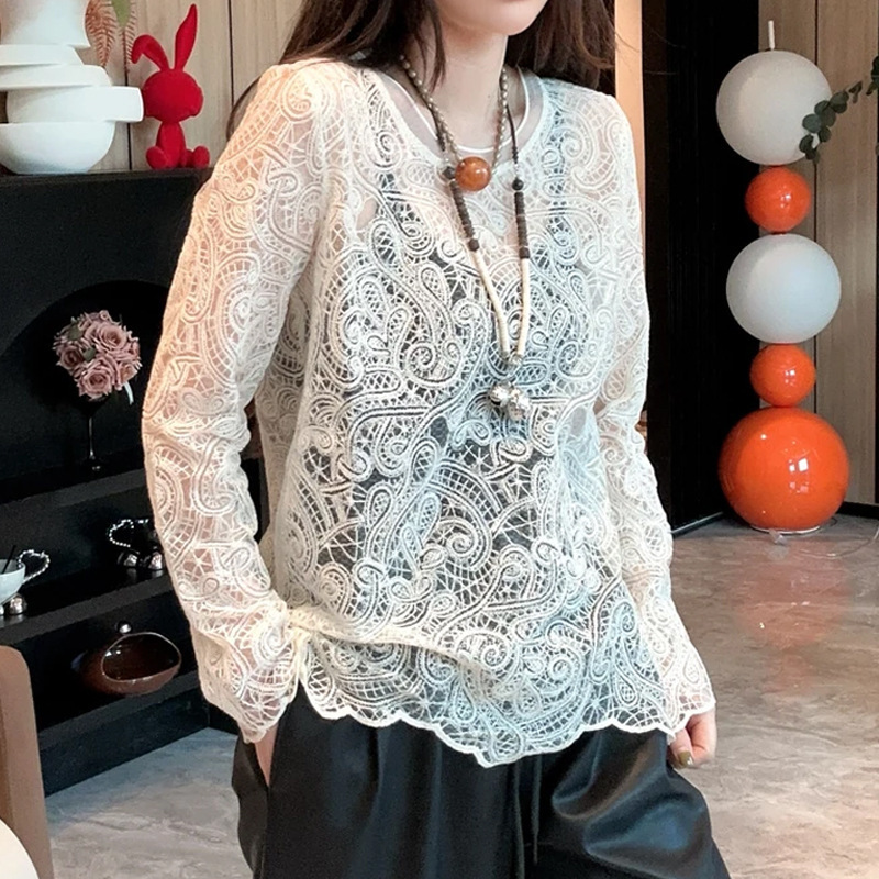 Designer Crochet Long Sleeve 2025 Autumn/Winter New French Layered Lace Top for Women Versatile Dr103