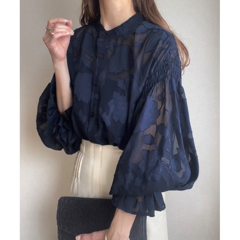 2025 spring new front and back flower jacquard lantern sleeve transparent shirt
