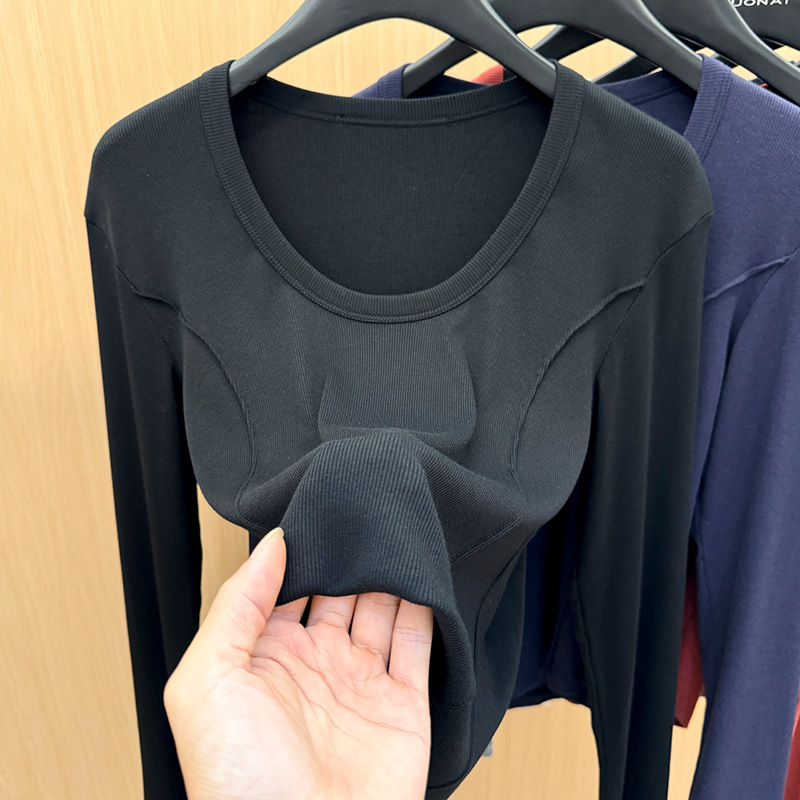 Camiseta simple de manga larga de hombro recto para mujer, primavera de 2025, nueva camiseta delgada de cuello redondo para mujer, top de cintura de espina de pescado image 7
