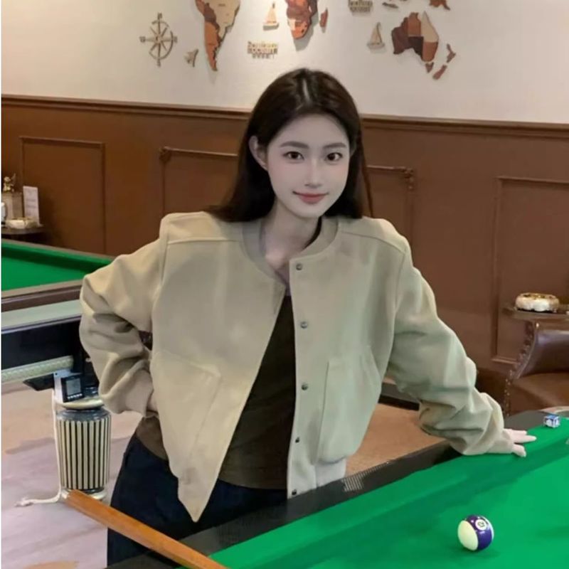 美式复古灰色短款棒球服外套女早秋款设计感小众宽松休闲夹克上衣|undefined